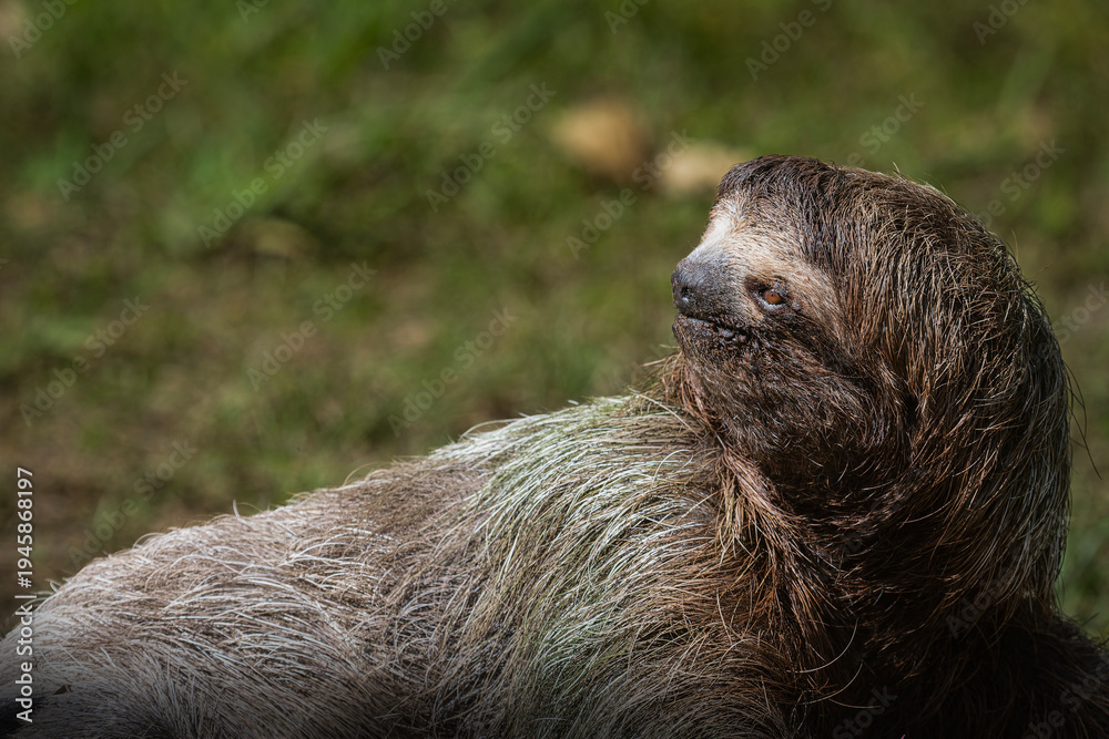 Naklejka premium Three toed sloth walking on ground portrait in tropical habitat