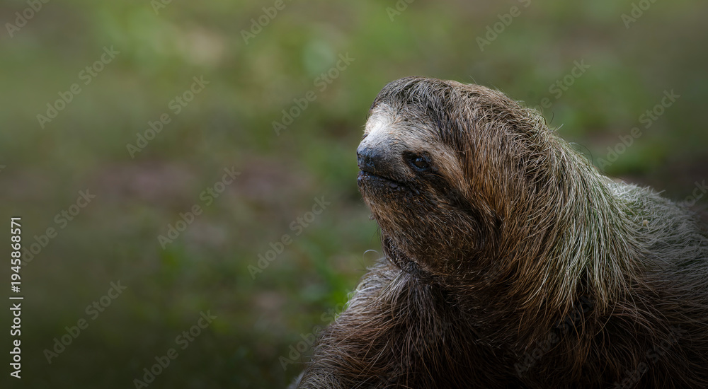 Naklejka premium Three toed sloth walking on ground portrait in tropical habitat