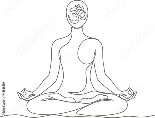 Line drawing of a person meditating in a cross-legged lotus position with an om symbol. isolated on white background, Vector