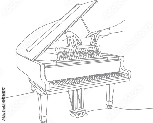 A whimsical illustration of hands playing an open grand piano with a playful touch. isolated on white background, Vector