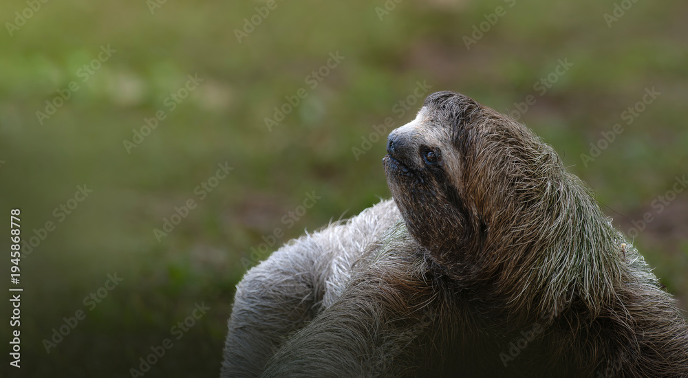 Naklejka premium Three toed sloth walking on ground portrait in tropical habitat