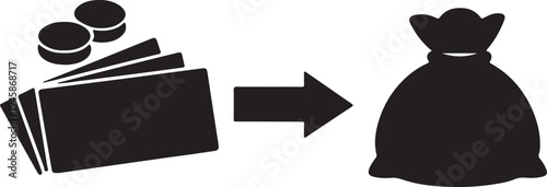 Black silhouette icon depicting money, including coins and banknotes, with an arrow pointing towards a money bag, symbolizing wealth accumulation, saving, or investment