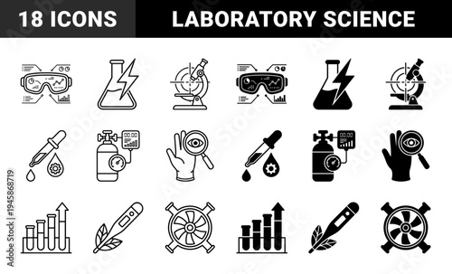 Biotechnology and Laboratory Science Hybrid Icon Set Featuring Augmented Reality Safety Goggles Microscope Crosshair and Chemical Reaction Flask