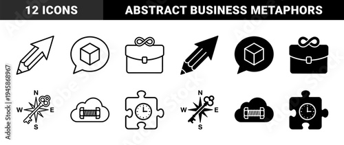 Hybrid conceptual icons merging business tools with abstract symbols featuring pencil arrow speech bubble cube briefcase infinity compass key cloud bolt puzzle clock and diamond hourglass