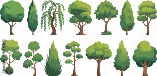 Collection of various green trees and shrubs with different shapes and sizes on a white background