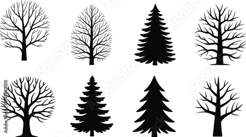 Eight black and white tree silhouettes including deciduous and coniferous types arranged in two rows