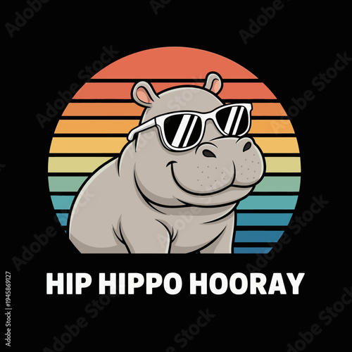 Hippo wearing sunglasses smiling.