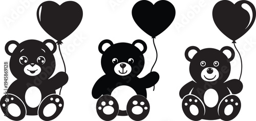 Cute Teddy Bear with Heart Balloon – Black Silhouette, PNG, SVG, Clipart Download