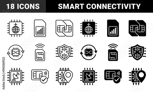 Hybrid sim card and microchip icons merging global connectivity satellite signals medical monitoring and location tracking symbols in linear and solid styles