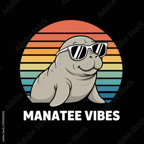 Manatee wearing sunglasses smiling relaxed.
