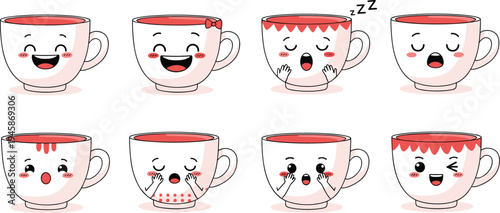 Cute Coffee Cup Cartoon Characters Collection Funny Mug Mascots with Different Emotions Vector Illustration Set
