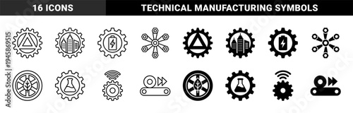 Industrial hybrid icon set featuring gear wheels merged with energy battery city buildings laboratory flask leaf and wireless signal symbols