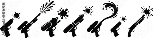 Water gun toy silhouette illustration design, spray splash artwork concept, summer play theme, recreational symbol, outdoor fun graphic style image