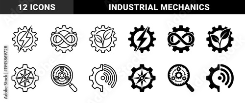 Hybrid gear icon set featuring integrated symbols for energy bolt infinity loop organic leaf compass needle magnifying glass and wireless signal