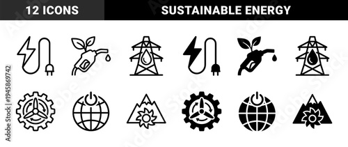 Sustainable energy hybrid icons featuring renewable power symbols merged with industrial infrastructure like electric plugs fuel nozzles and gear turbines