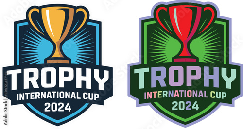 Trophy International Cup 2024 Badge Set with Gold and Red Trophy Icons for Sports Tournaments and Championship Awards