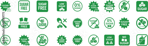 Green sugar free food labels and icons on white background