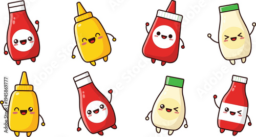 Cute Ketchup Mustard and Mayonnaise Bottle Characters Funny Sauce Mascot Cartoon Food Condiments Vector Illustration Set