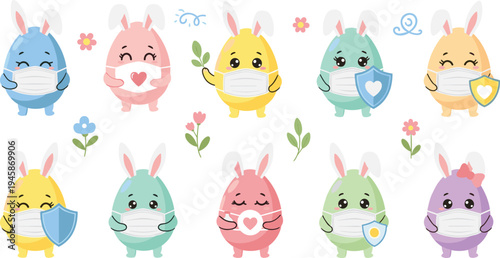 Cute Easter Bunny Characters Wearing Medical Face Masks with Shield Protection Cartoon Rabbits Vector Illustration Set