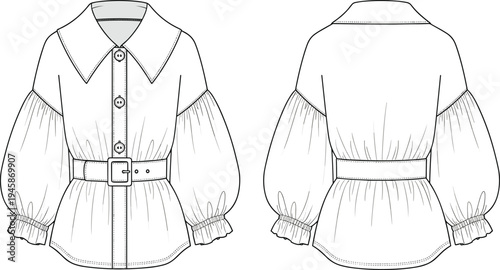 Belted balloon sleeve blouse technical cad drawing flat vector illustration with oversized pointed collar button front and peplum hem design