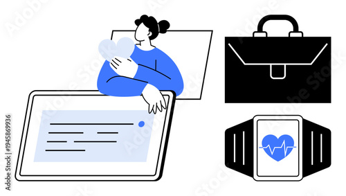 Digital health, telehealth, professional lifestyle, remote work, business tools, wearable technology. Smartwatch, tablet person holding a heart briefcase. Digital health and telehealth concept