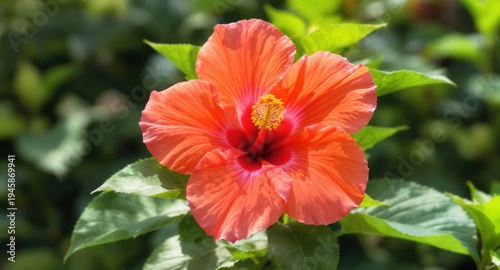 A vibrant, orange hibiscus flower blooms in the sun, surrounded by green leaves