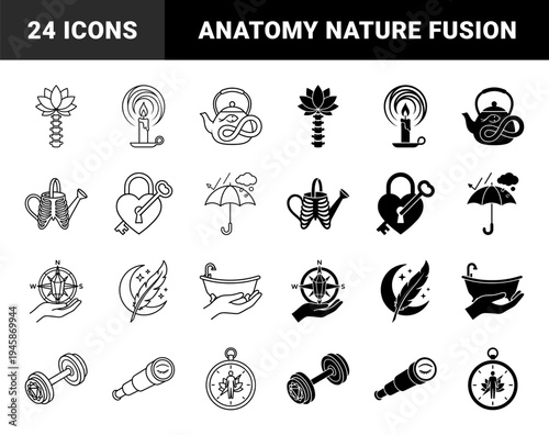 Conceptual hybrid symbols merging anatomy with nature and lifestyle objects featuring spine lotus candle teapot watering can ribs heart lock and compass