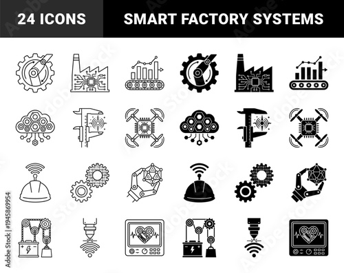 Industrial Smart Manufacturing Hybrid Icons Featuring Robotic Arms With Gears Factory Integrated Circuits And Cloud Computing Data Systems