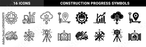 Hybrid industrial logistics and construction symbols featuring gear hardhat forklift growth chart cloud crane and camera tripod concepts