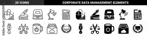 Hybrid office and digital productivity icon set featuring conceptual merges like a mouse with bar charts and a stapler combined with a fountain pen