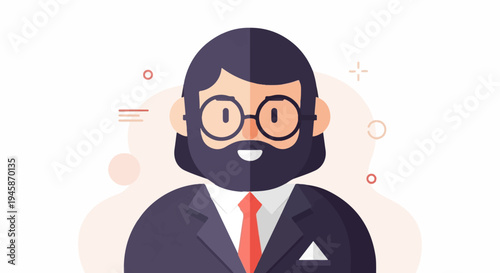 A bearded man in glasses and suit with a red tie, graphic avatar