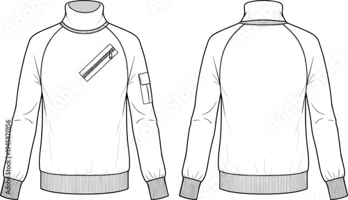 Sweatshirt turtleneck technical cad drawing flat vector illustration with raglan sleeves diagonal chest zipper and utility pocket for fashion design