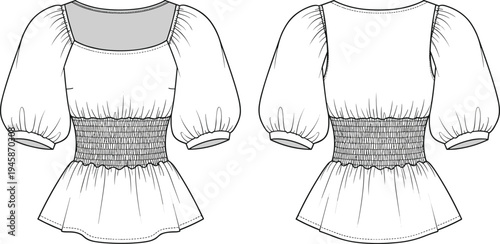 Smocked waist peplum top technical cad drawing flat vector illustration with puff sleeves square neckline and gathered hem for fashion design