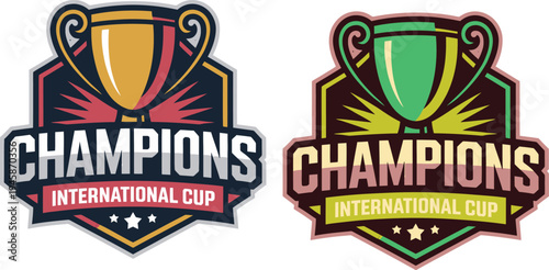 Champions International Cup Badge Set with Gold and Green Trophy Icons for Sports Tournaments and Championship Awards