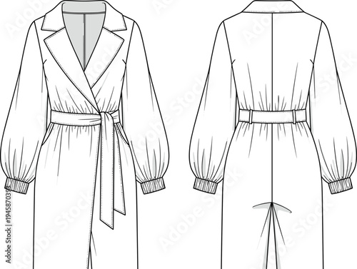 Belted wrap coat technical cad drawing flat vector illustration with lantern sleeves notched lapel and tie waist for fashion design