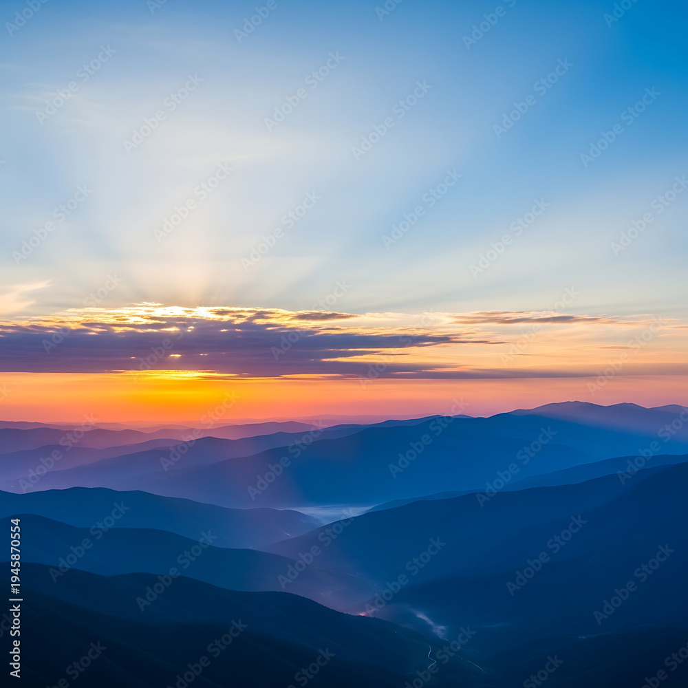 Obraz premium Breathtaking mountain ranges unfold under a vibrant sunrise sky with layers of morning mist.