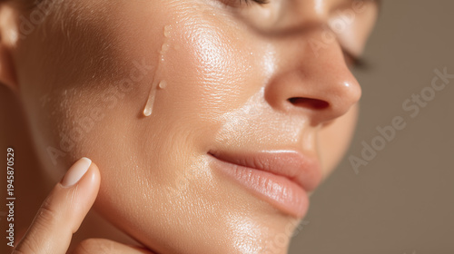 Radiant woman applying brightening essence to cheek, dewy skin texture and gentle smile conveying calm and rejuvenation