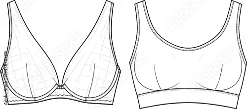 Lingerie bra technical cad drawing flat vector illustration with underwire cups and racerback sport style design for fashion tech pack