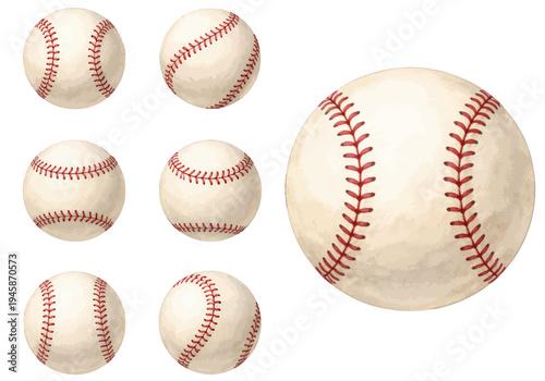 A watercolor collection of baseball balls for sports designs, baseball game graphics, team merchandise, and athletic event decorations.