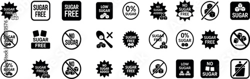 Collection of sugar free and low sugar food labels and icons on white background