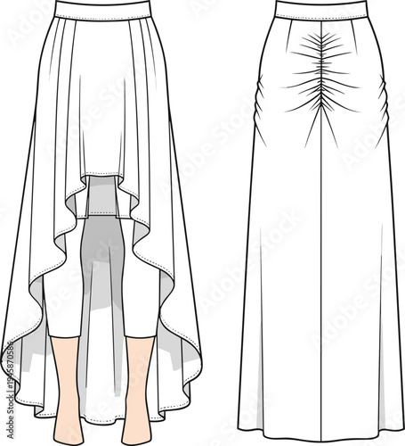 High low asymmetrical skirt technical cad drawing flat vector illustration with ruched back detail and draped silhouette for fashion design