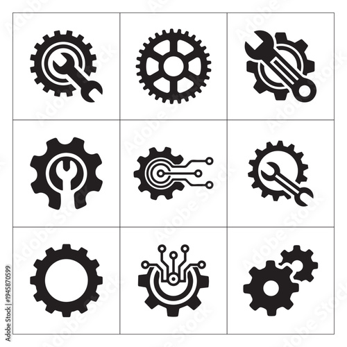 Mechanical Black Gear Wrench Tech Settings Icon Collection
