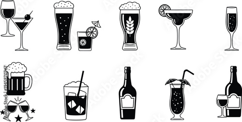 Alcoholic beverage icons featuring beer mugs, wine glasses, cocktail drinks, champagne flutes, liquor bottles