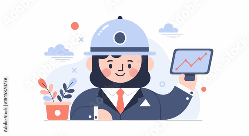 A business person with a graph on a tablet, wearing a hat and suit