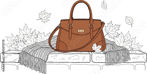 A brown handbag sits on a stone ledge adorned with a scarf and autumn leaves