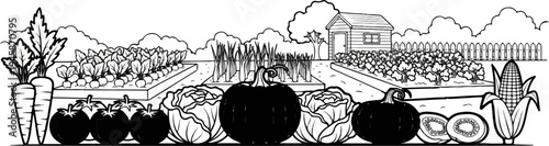 A bountiful garden scene featuring vegetables, a shed, and a picket fence under a cloudy sky