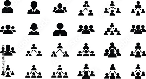 Business organization icons featuring team structures, hierarchy charts, leadership silhouettes, group collaboration, corporate management