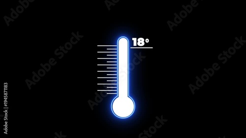 Glowing neon Medical thermometer icon animation. Digital meter indicates weather temperature 18 degree increse or decline. Thermometer equipment showing hot or cold weather.