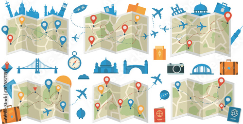 Travel Map Navigation Vector Set with GPS Location Pins Landmarks Airplanes Route Planning and Tourism Elements