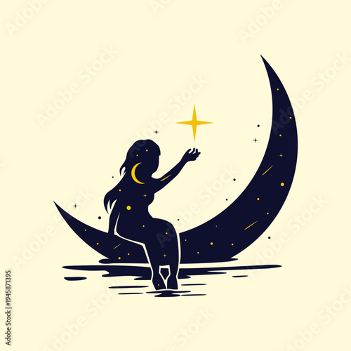 a woman sitting on a crescent moon reaching for a star